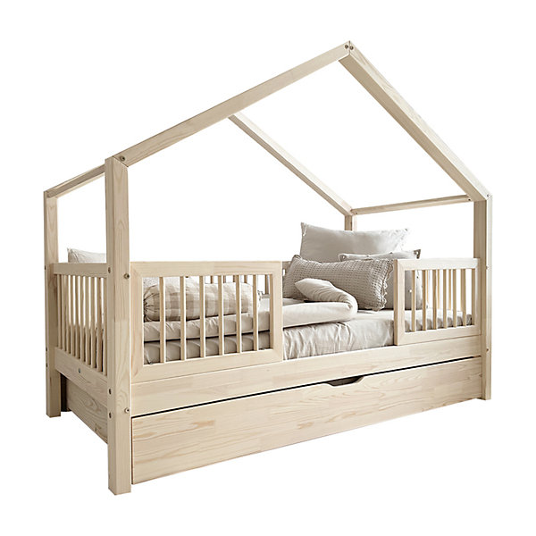 Lit cabane 90x200 barrières sommier et tiroir inclus Rosalie Bois