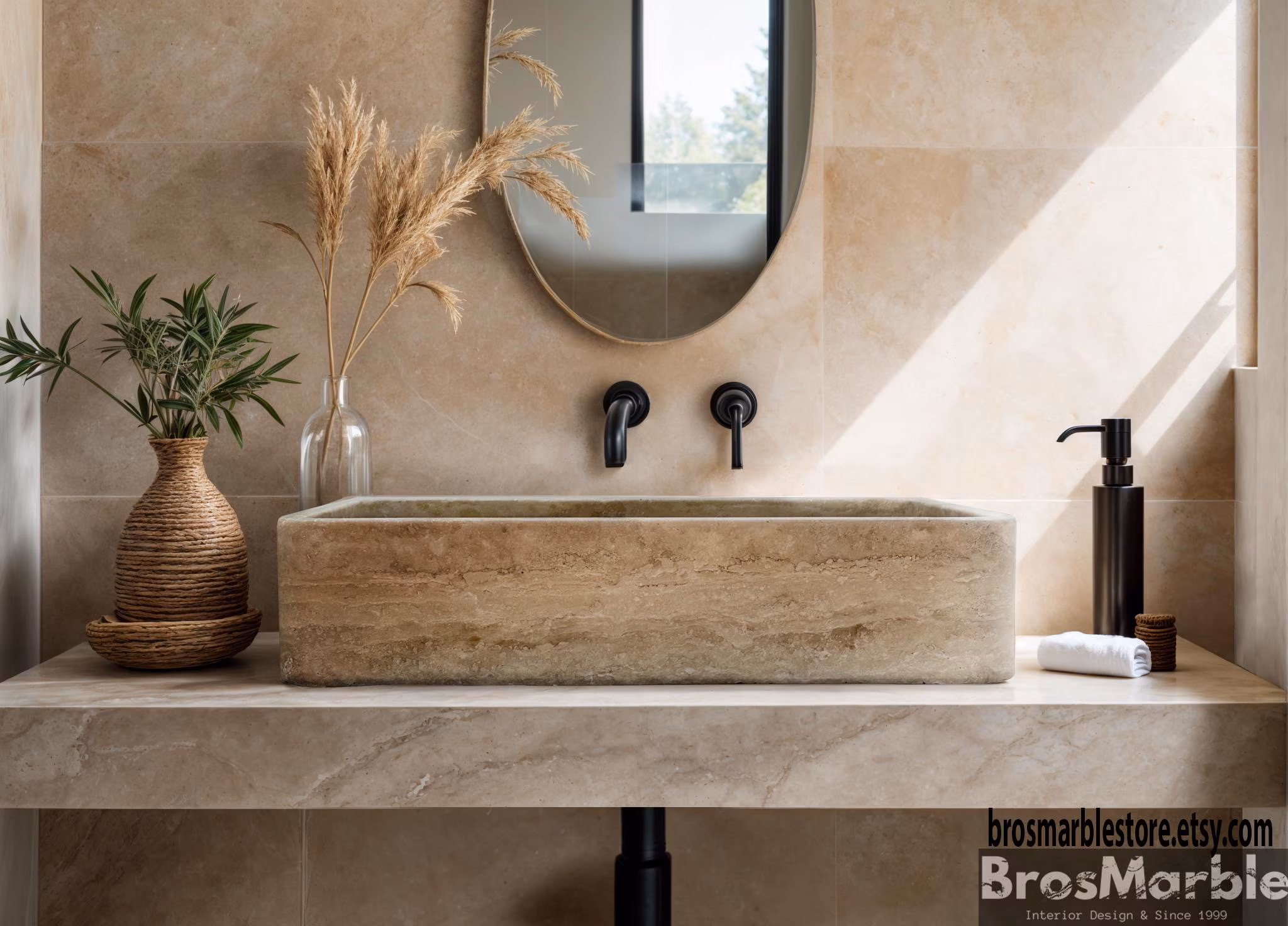 Handcrafted Travertine Vessel Sink: Rectangular Stone Bathroom Basin