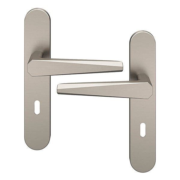 Ensemble poignée sur plaque rond serrure GoodHome Keri effet nickel satin gris L.140mm x l.42mm entraxe 165-195mm