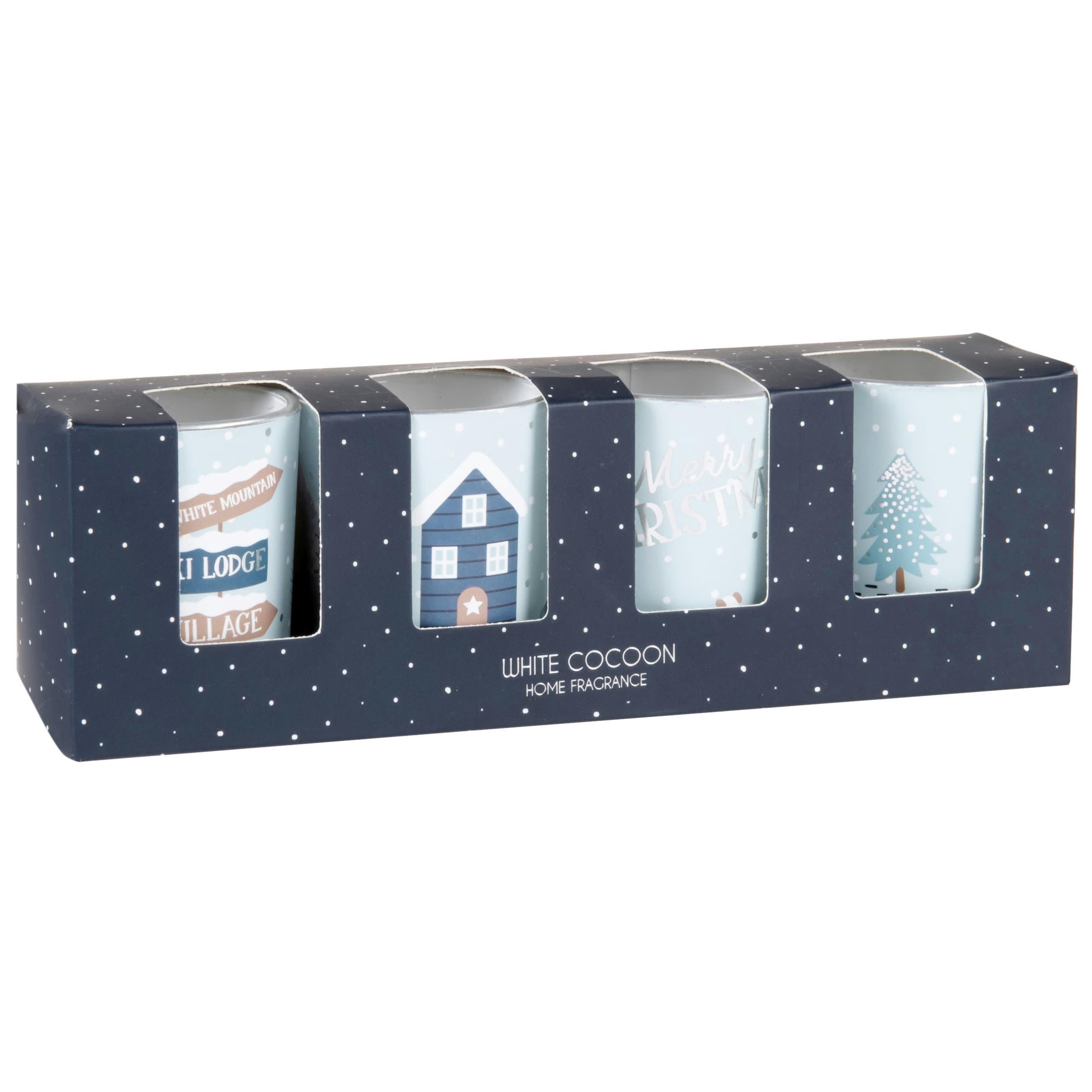 ICE CHRISTMAS - Bougies parfumées motifs bleus, blancs, marron et argentés (x4) 180g