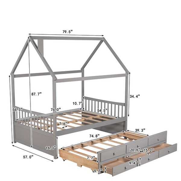 Full Wooden House Bed with Trundle and Drawers