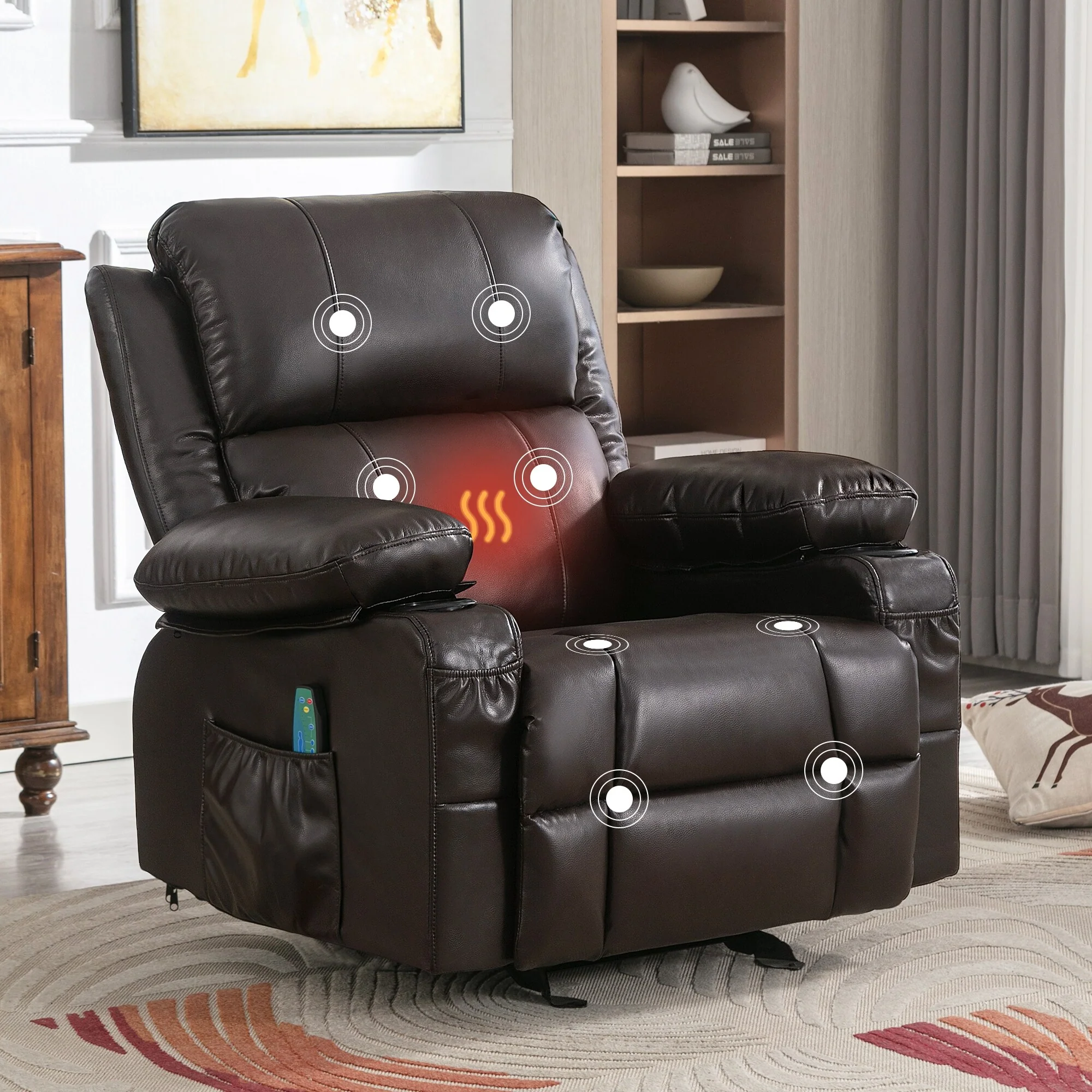 Black Adjustable Recliner Chair with Massage, Heating, USB Charging, Dual Cup Holders, and Side Storage