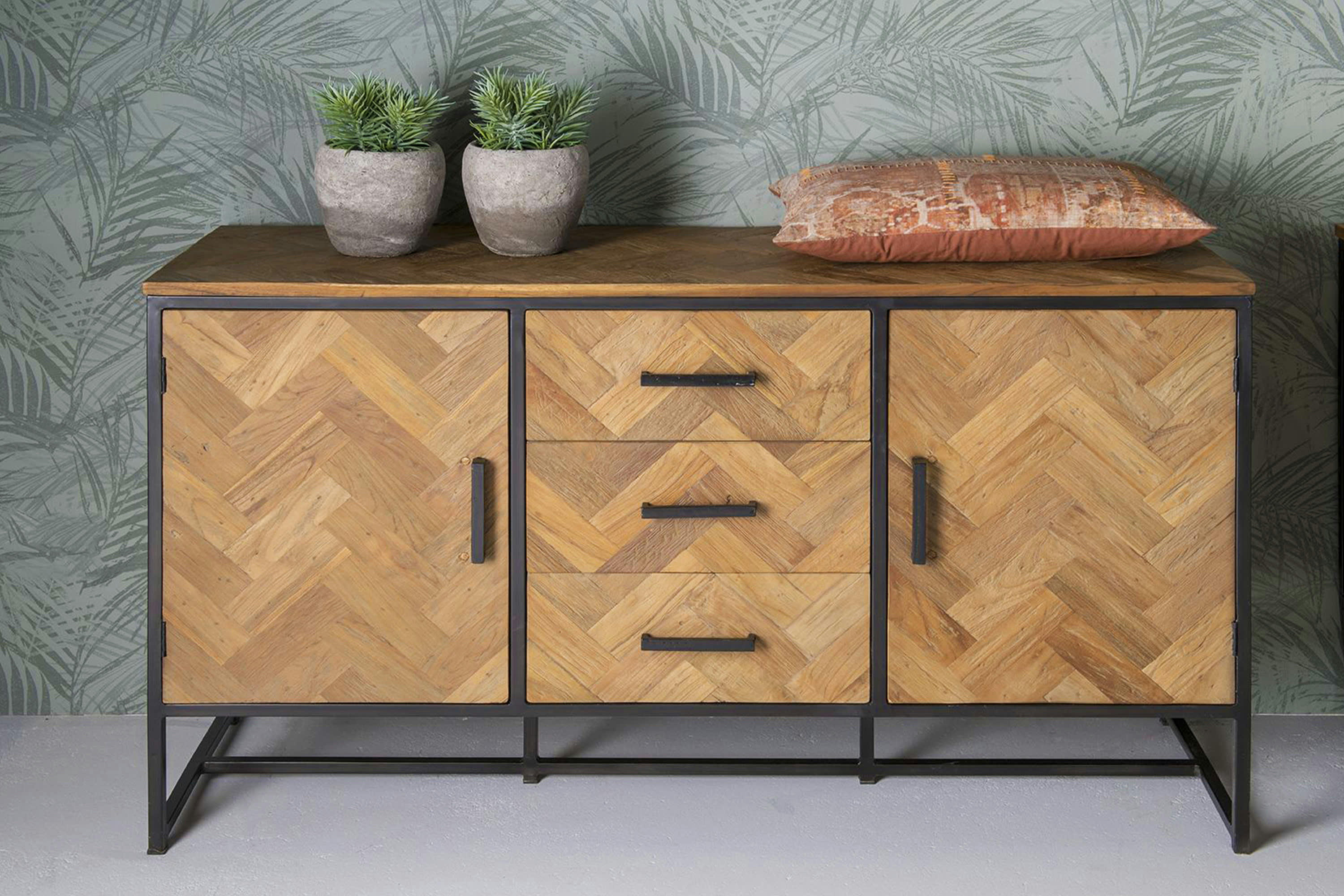 BIARRITZ - BIARRITZ-Buffet 2 portes 3 tiroirs L145cm en Teck massif et métal noir