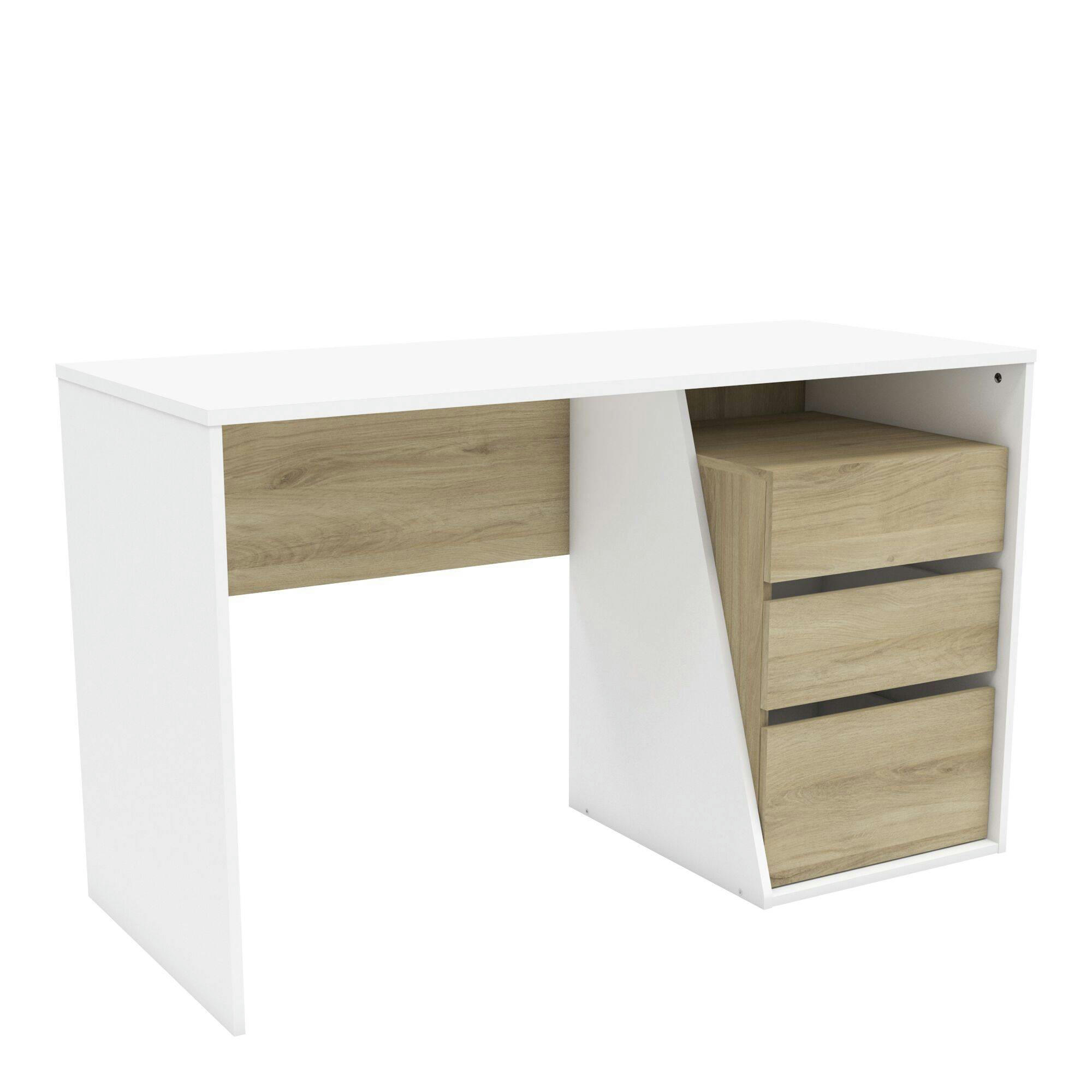 DJANGO - Bureau 3 tiroirs blanc et effet bois