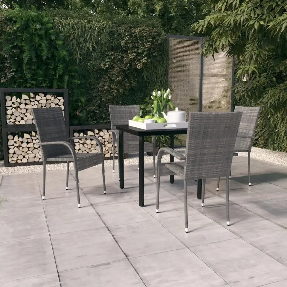 vidaXL - 5-delige Tuinset - 4 grijs PE rattan fauteuils en 80x80 cm zwart tafel