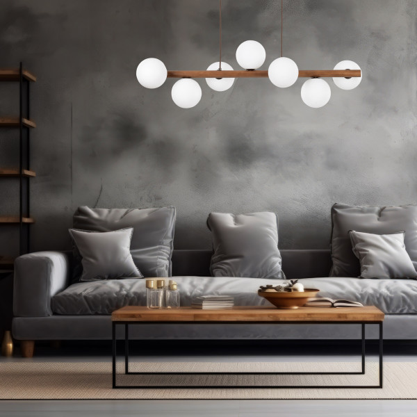 Lampa Wisząca Tk Lighting Estera Drewno Orzech Belka 7X Klosze Białe Kulki