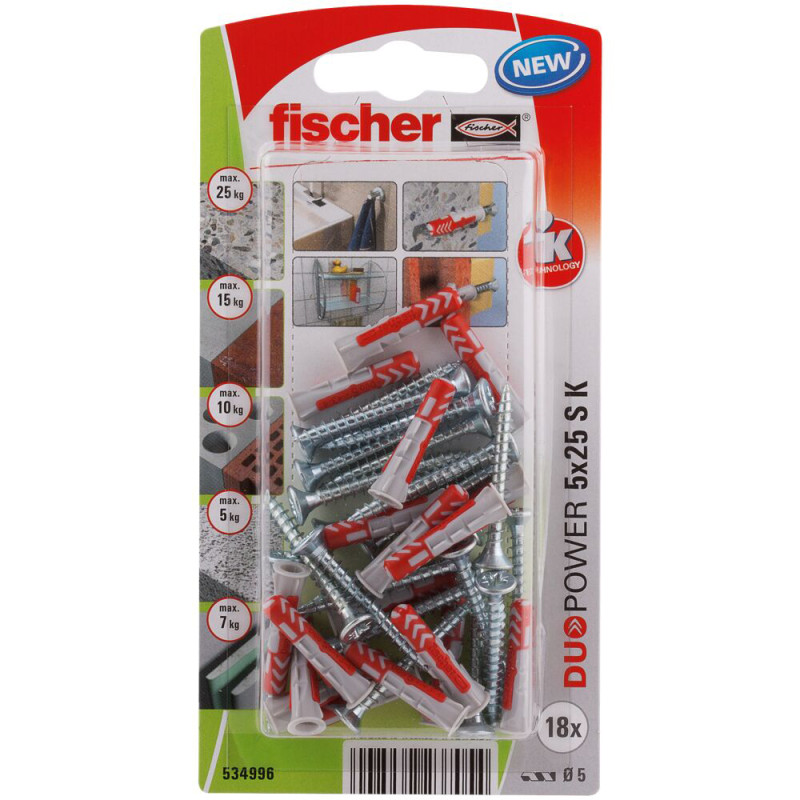 Cheville DuoPower en nylon avec collerette et vis Ø 5 x 25 mm 18 pièces