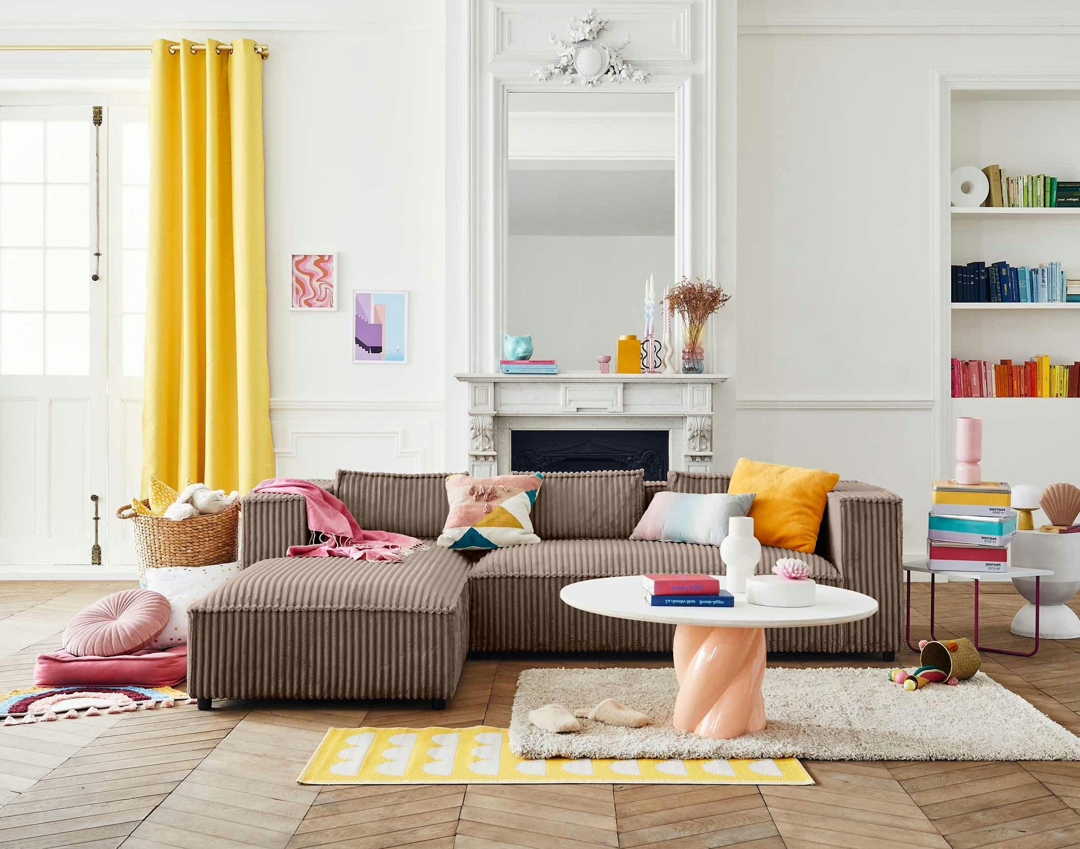 STELLA - Canapé d'angle gauche 4 places en velours grosses côtes taupe