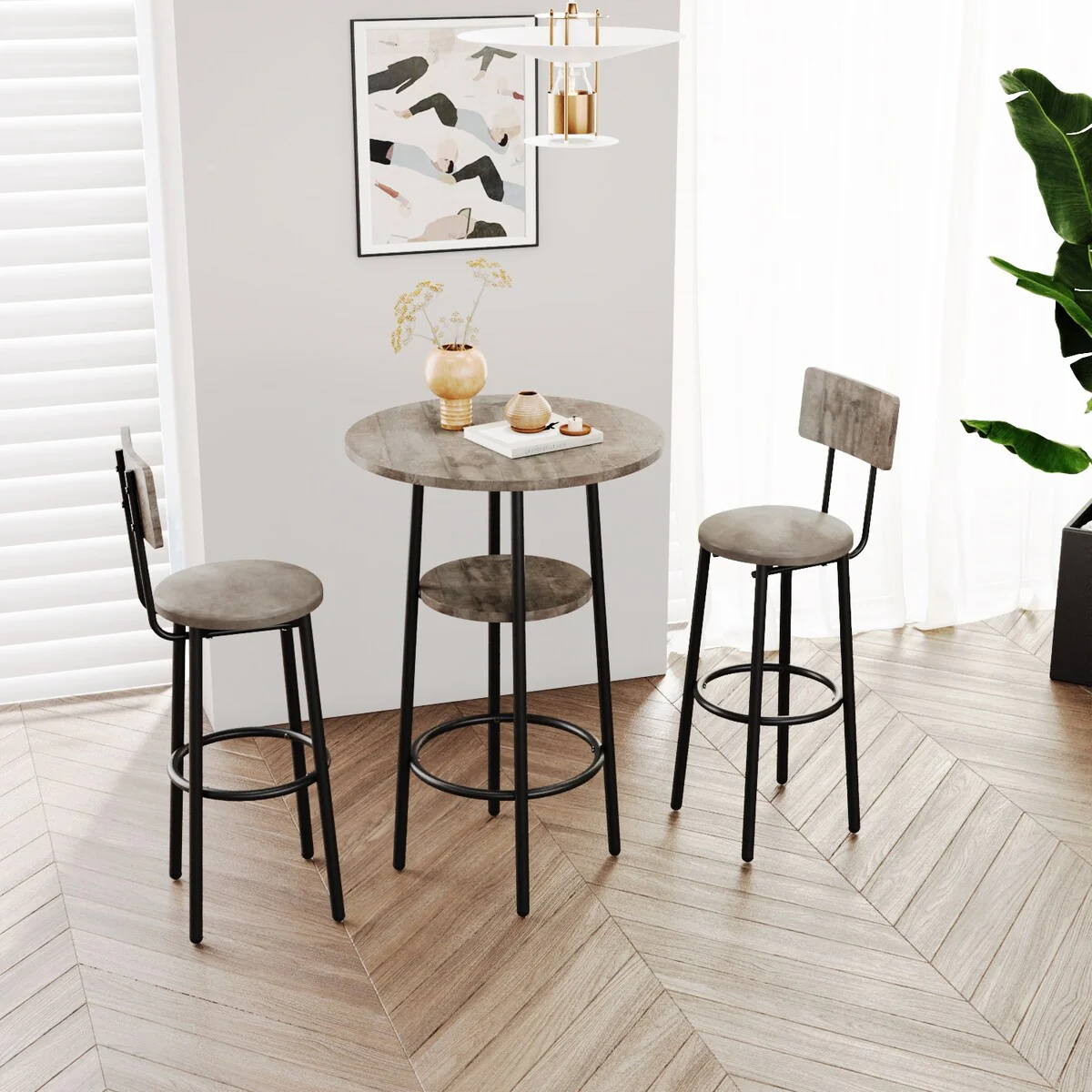 Double Layer Round Bar Table with 2 Bar Stools