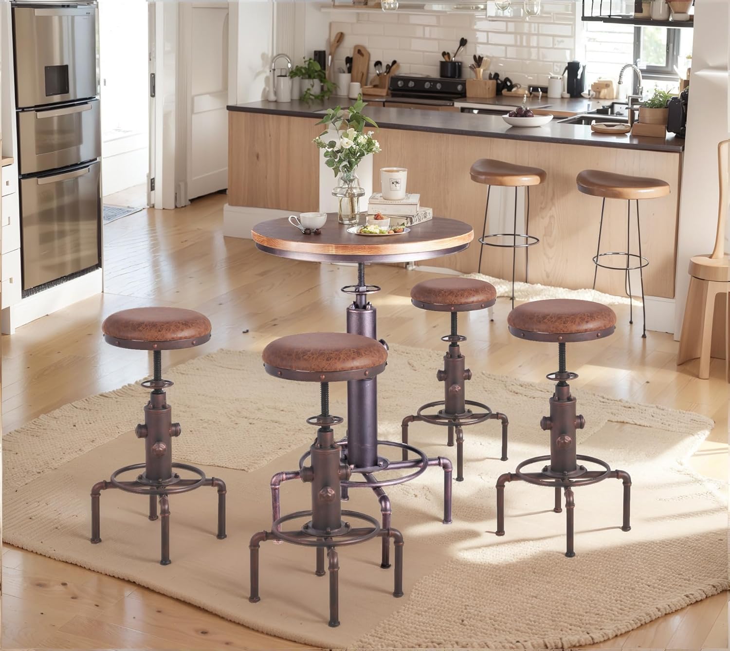 Topower 5 Piece Pub bar Set Industrial bar Table and PU Leather Seat Stools for 4, Height Adjustable Pub Table and stools Match bar Height and Counter Stool Red Bronze(1 Table + 4 Chairs)