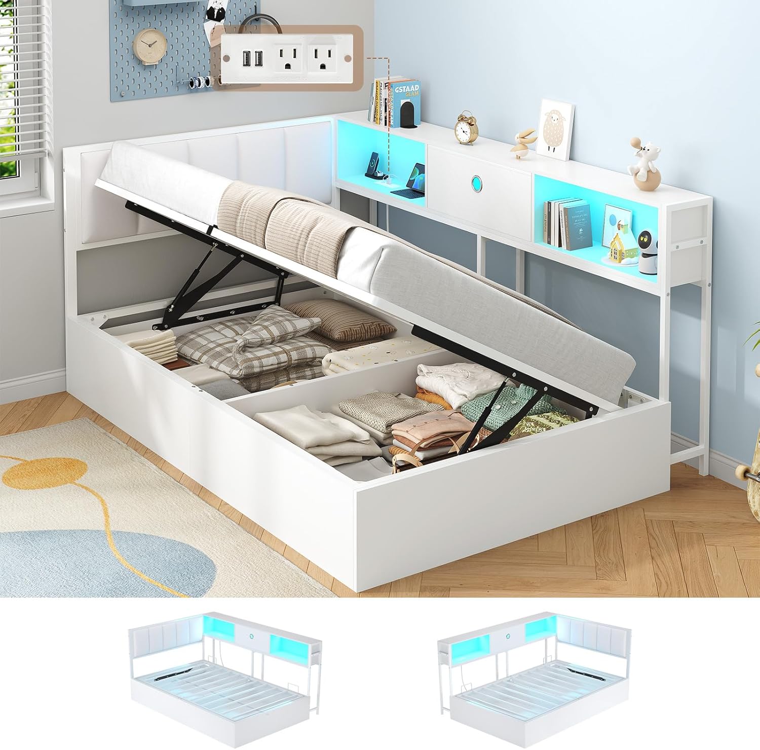 Hasuit Corner Twin Lift Up Storage Bed Frame with Charging Station & LED Lights, Twin Day Bed with Upholstered Headboard and Bookcase, Corner Beds with Hydraulic for Kids Teens Guests, White