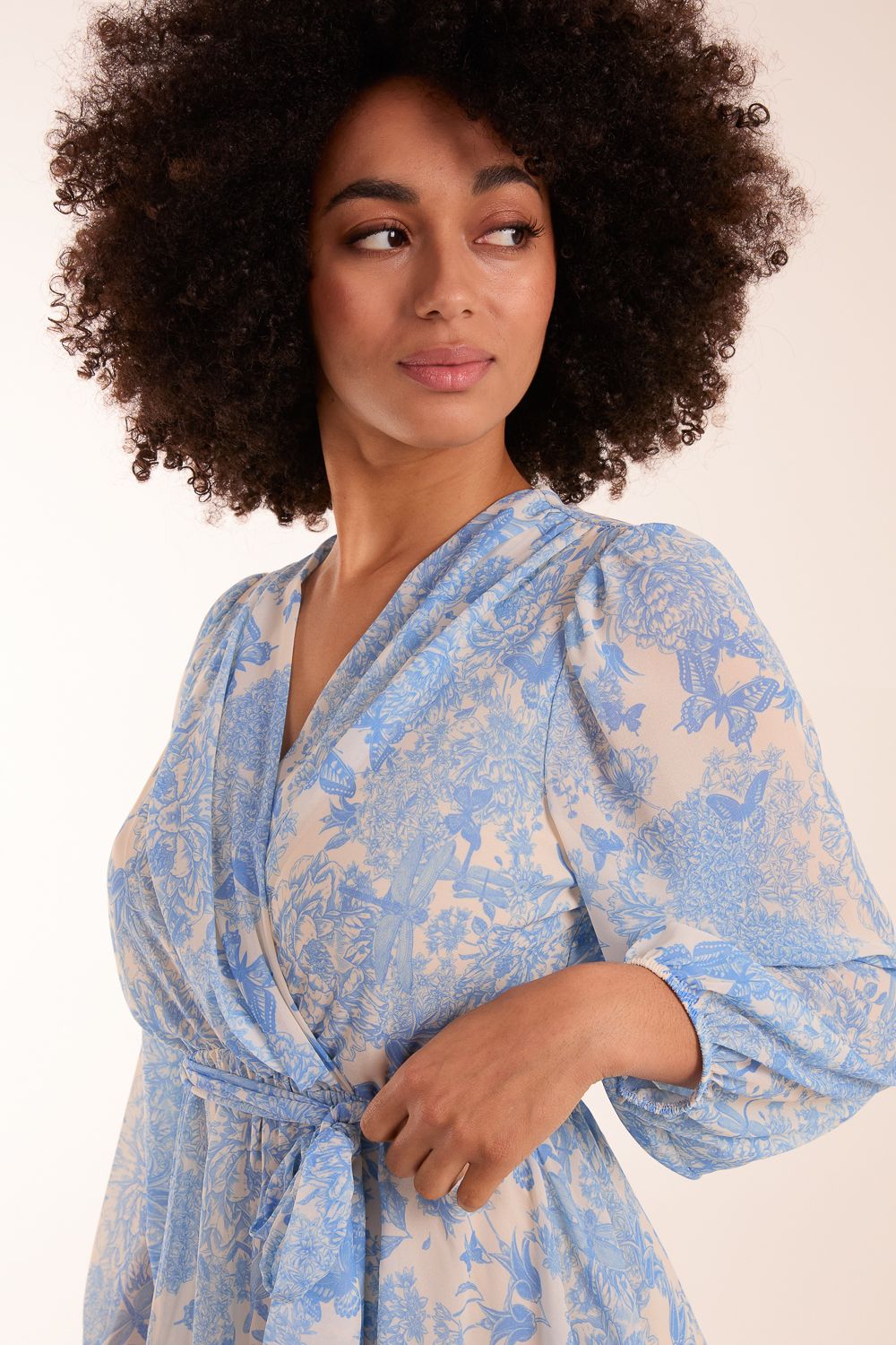 Blue Vanilla Butterfly Floral Wrap Dress