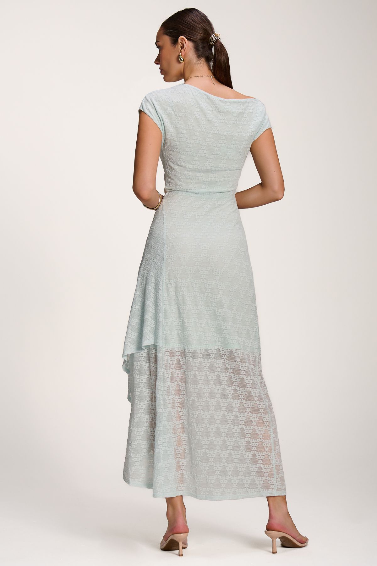 Jolie Moi Asymmetric Draped Lace Maxi Dress