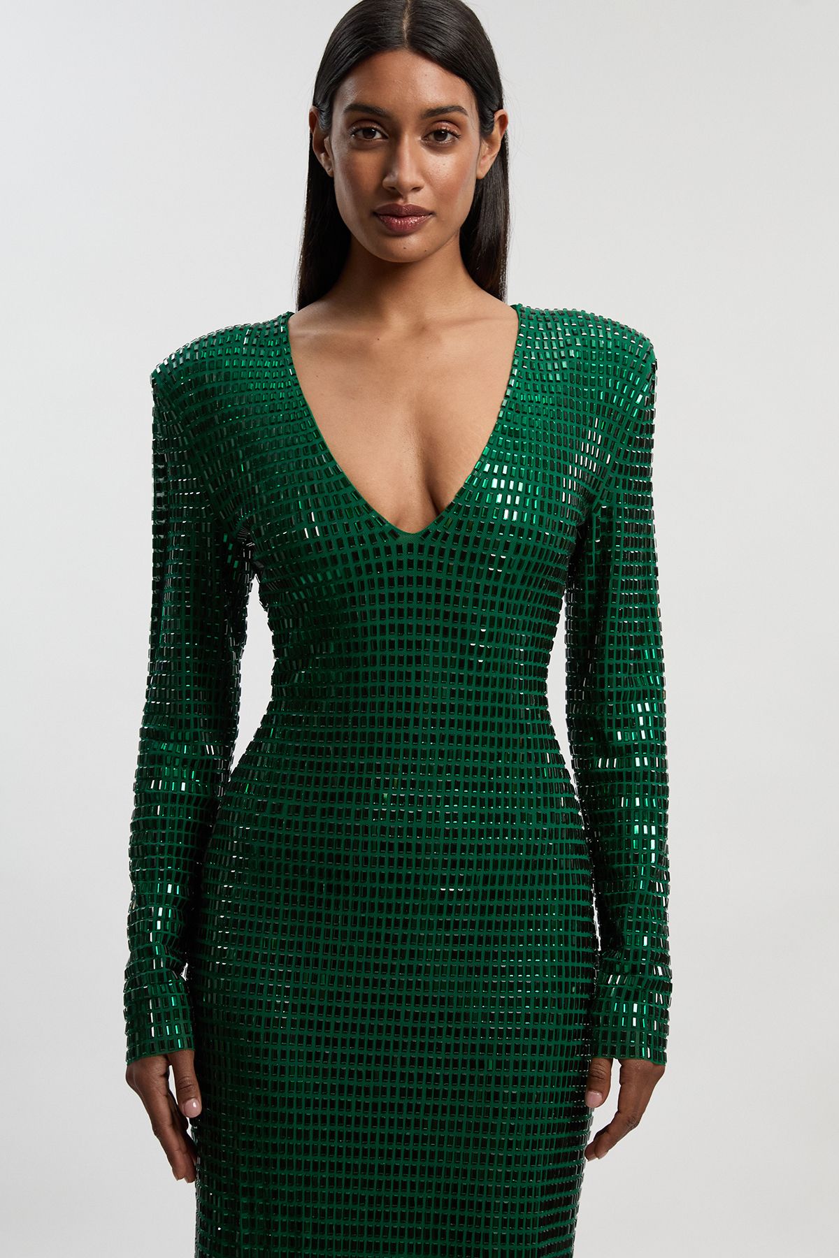 KarenMillen Premium Crystal Embellished Long Sleeve Plunge Neck Midi Dress
