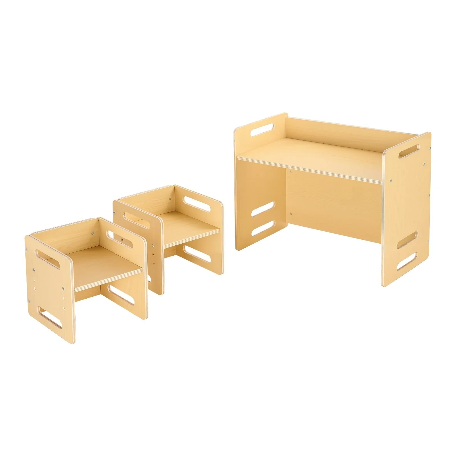 Natural Wood Plywood Montessori Table Set with 2 Chairs & Adjustable Height - 26.2 x 14.2 x 20.5 in