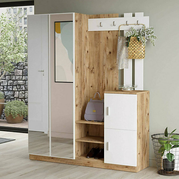 Meuble d'entrée Dgautier, Crochet d'entrée, Console de rangement multifonction, 147x38h180 cm, Chêne et Blanc