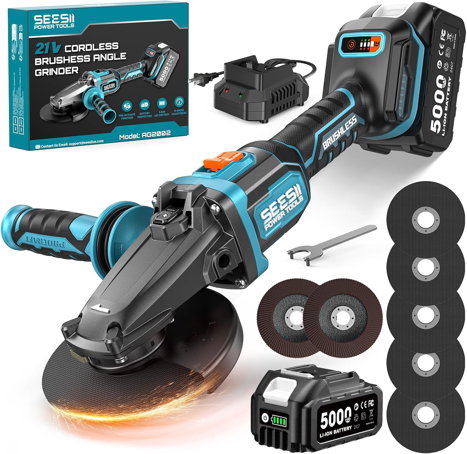 SEESII Flathead Brushless Angle Grinder, 21V Cordless Variable Speed Grinder Kit 5.0Ah Battery+Charger, 4-1/2 to 5 Cut Off Tool, 6-Speed, 20ms Brake+Drop Protection for Metal Cutting, Auto Body, DIY