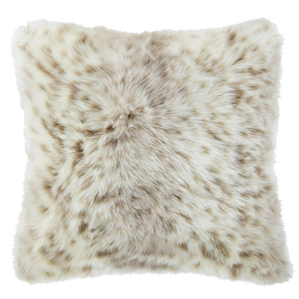 CLEO - Coussin imitation fourrure grise et écrue imprimé léopard des neiges 45x45
