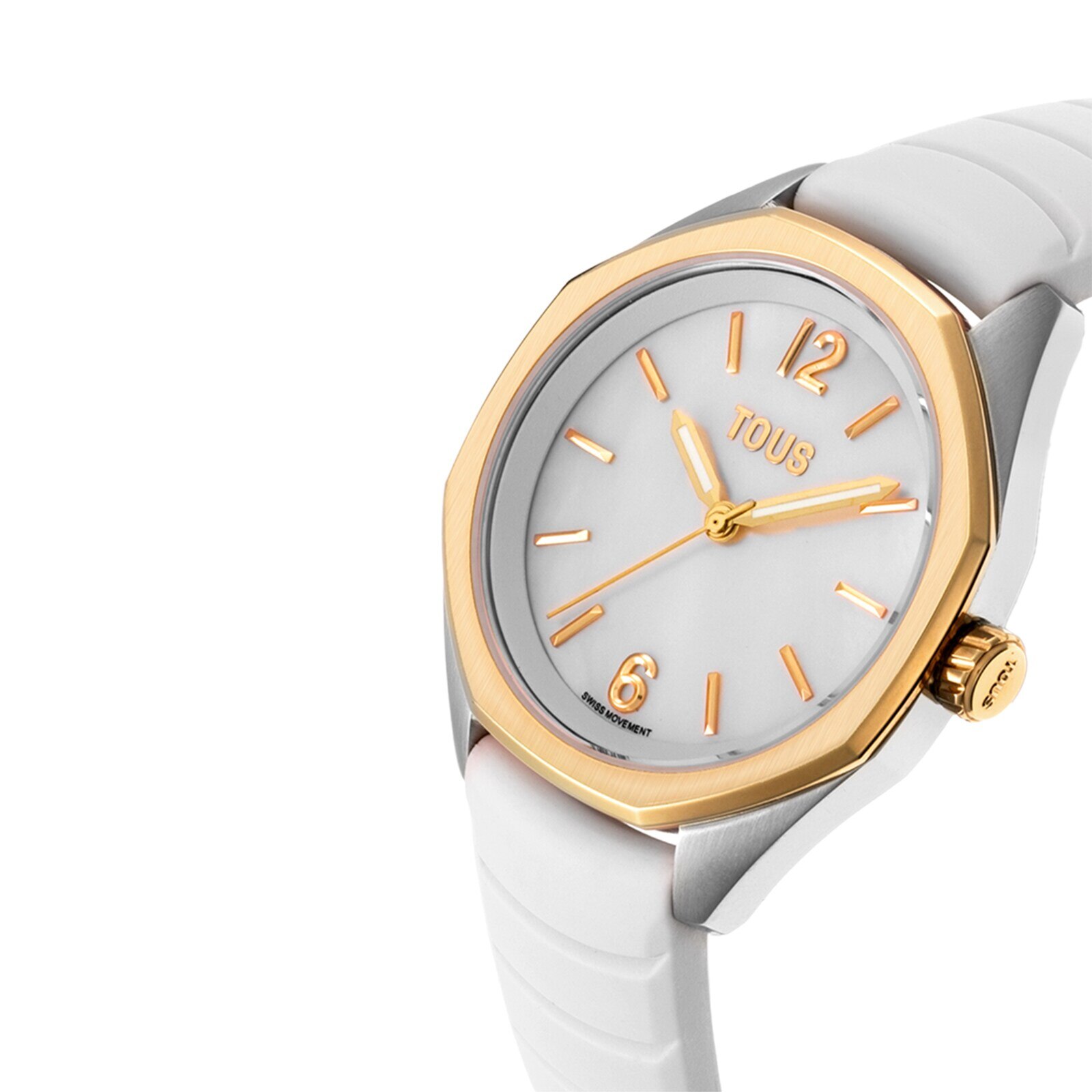Reloj bicolor analógico con movimiento suizo, esfera de nácar y correa de caucho blanca TOUS Now Lady
