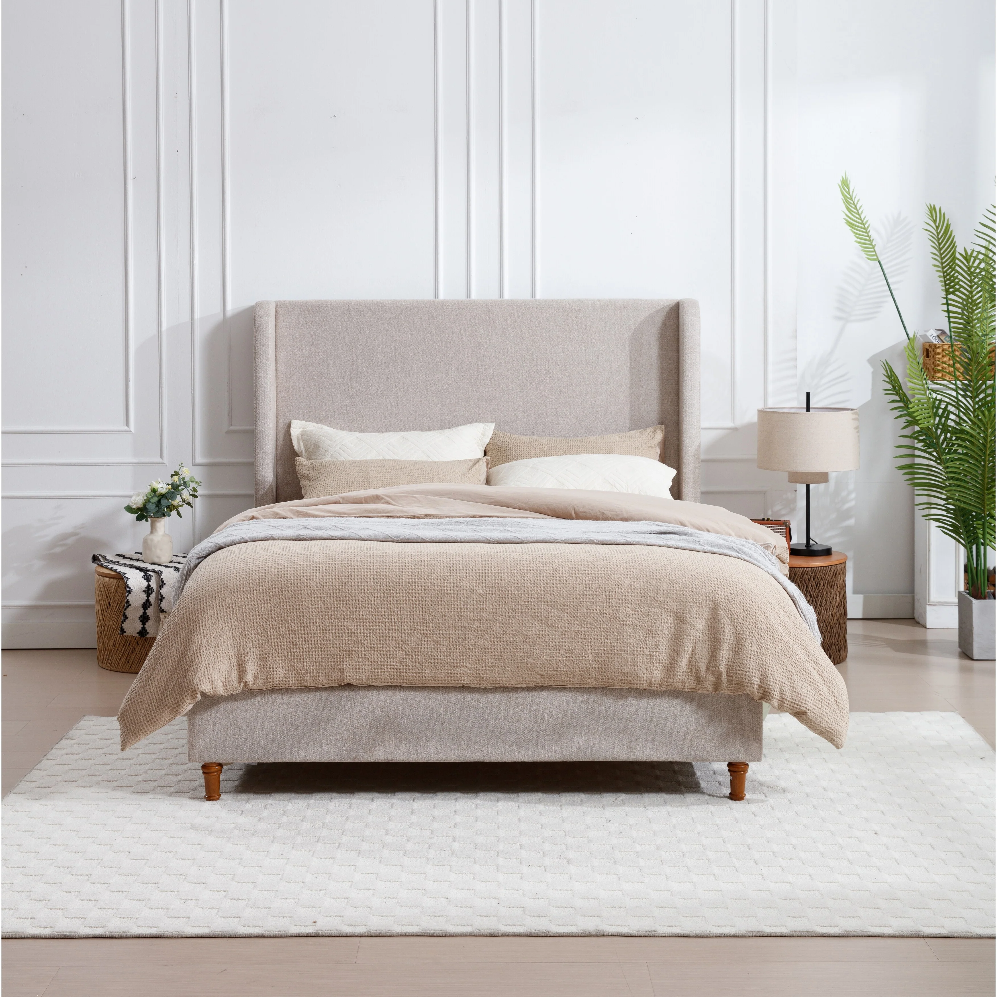 Elegant 54 Wingback Upholstered Bed Frame with Wood Slats, No Box Spring Needed