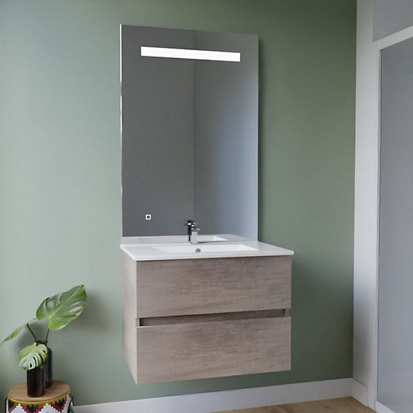 Meuble vasque ROSALY INOX 70 cm   miroir ELEG Plus ht105- Bois- Plan vasque en Céramique