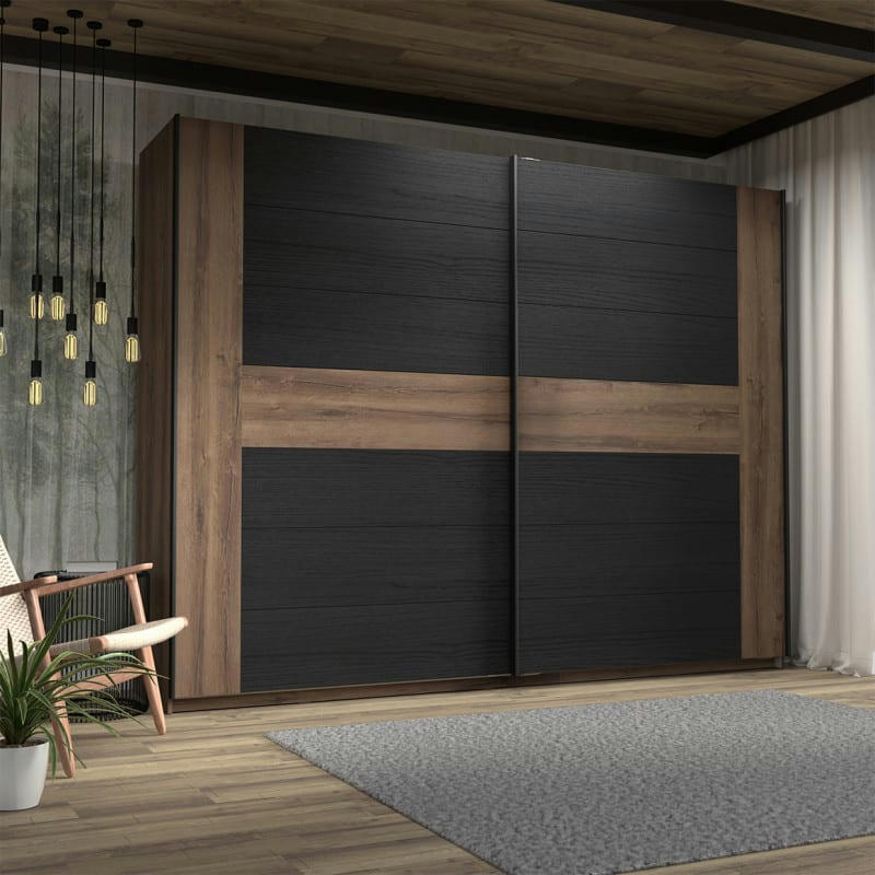 RIVIERA - Armoire avec 2 portes coulissantes décor chêne foncé et noir