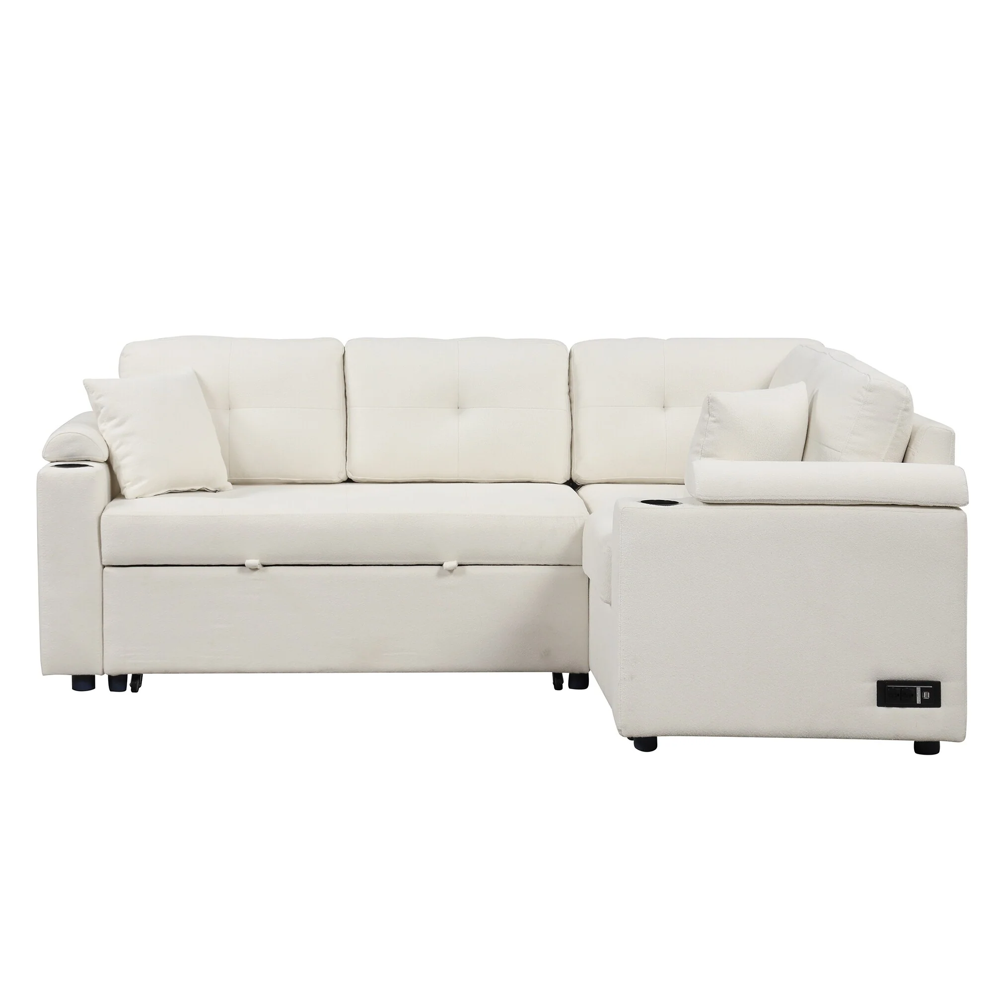 Modern Convertible Sofa Bed with USB Ports and Cup Holders and Boucle Upholstery for Small Spaces or Guest Rooms