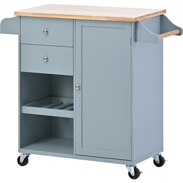 Kitchen Cart with Spice Rack ,Towel Rack & Two Drawers,Rubber wood top