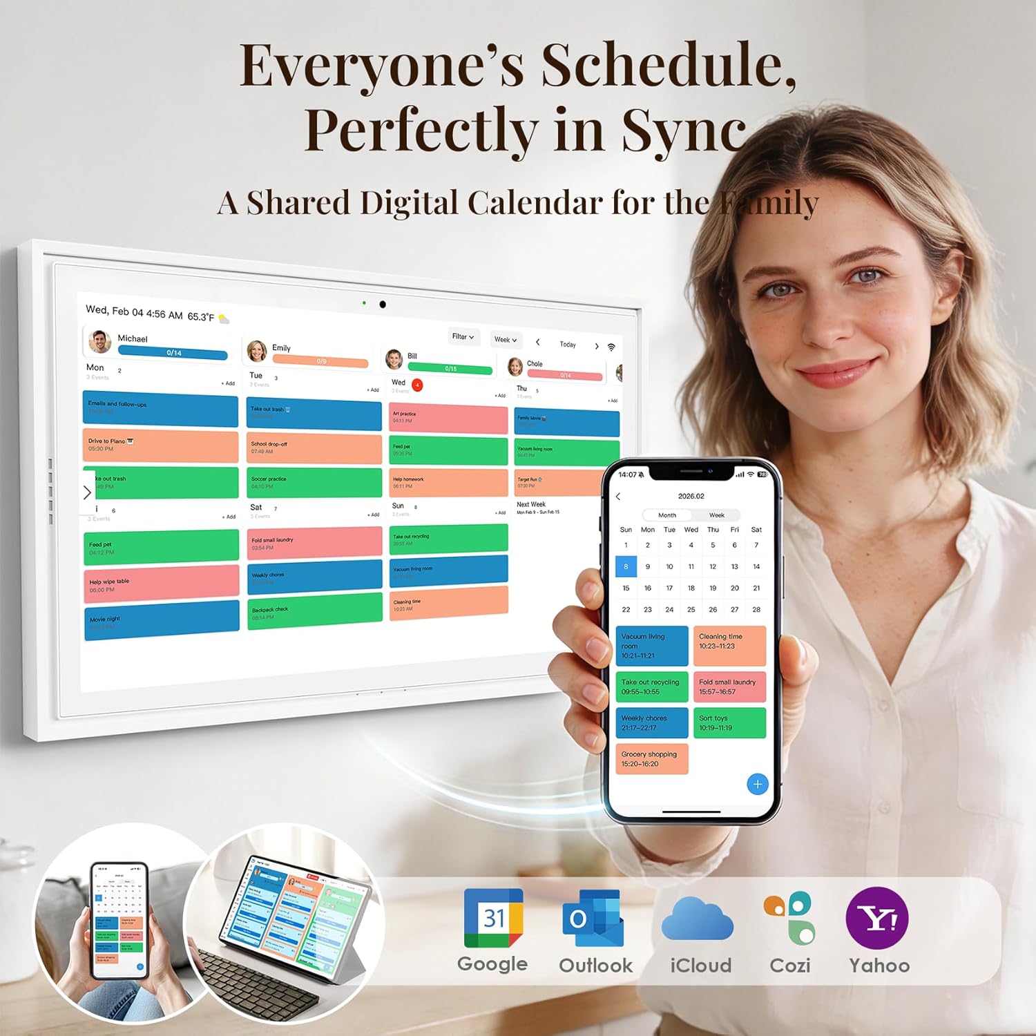 Digital Calendar: 15.6-inch Wall Planner Digital Calendar & Chore Chart with Video Call  2K Smart Touchscreen Interactive Display for Family Schedules  4+64GB  Wall/Desk Mountable  Great for Organizing Your 2026 Calendar
