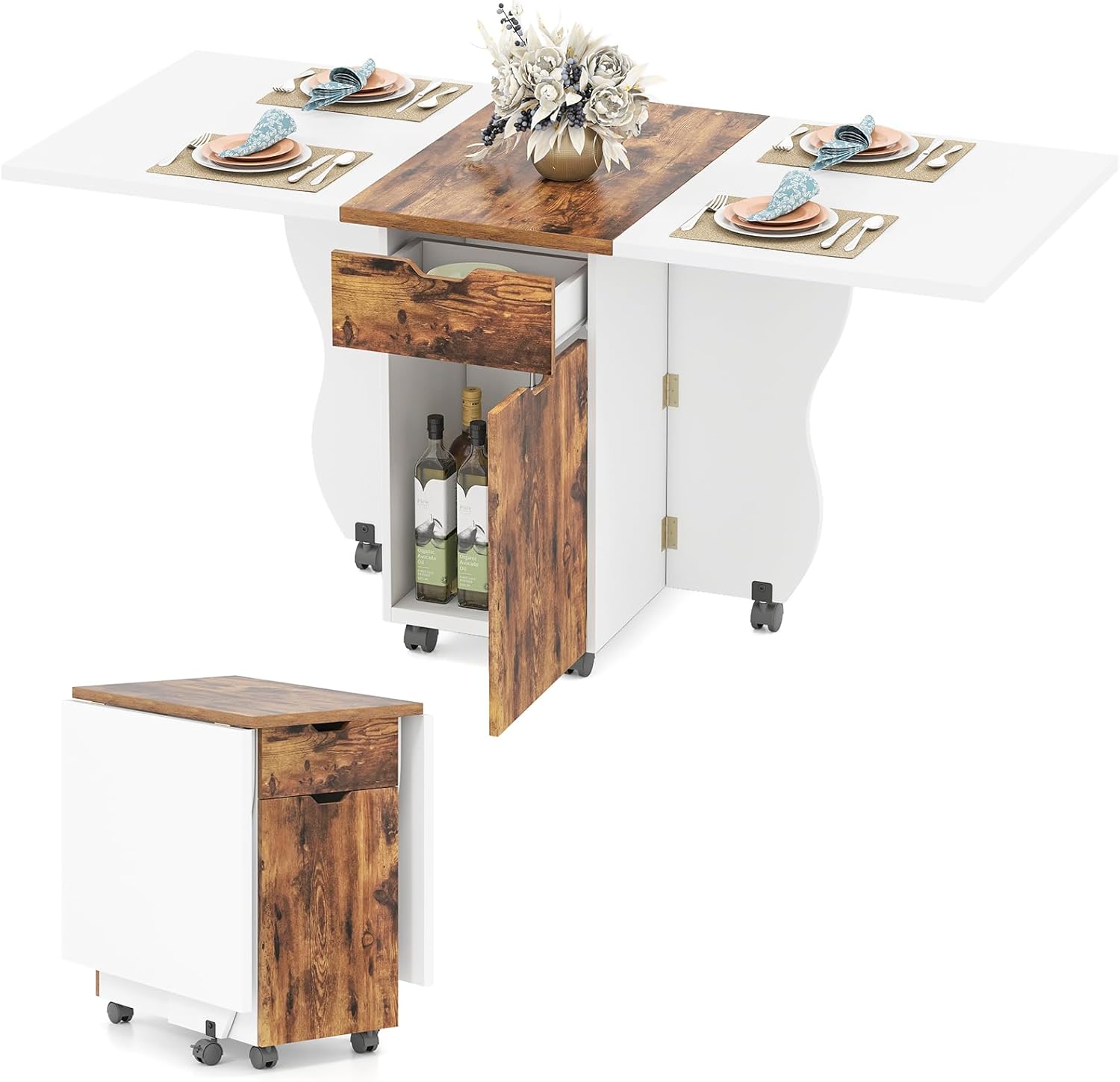 Giantex 3-in-1 Folding Dining Table for 4-6, 69-Inches Drop Leaf Kitchen Table with 2 Drawers and 2 Cabinets, Lockable Wheels, Foldable Dinner Tables for Small Spaces, Dinette (White+Brown)