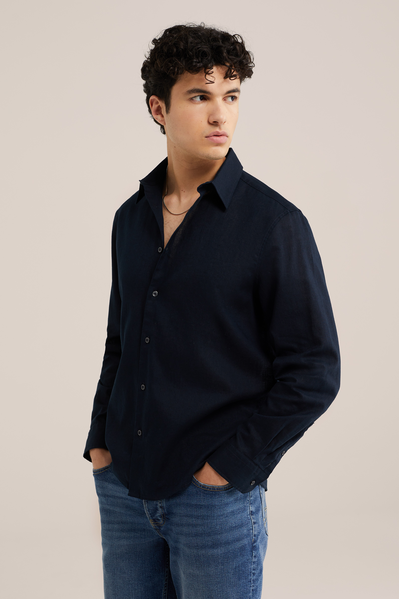 Heren regular fit overhemd van linnenmix