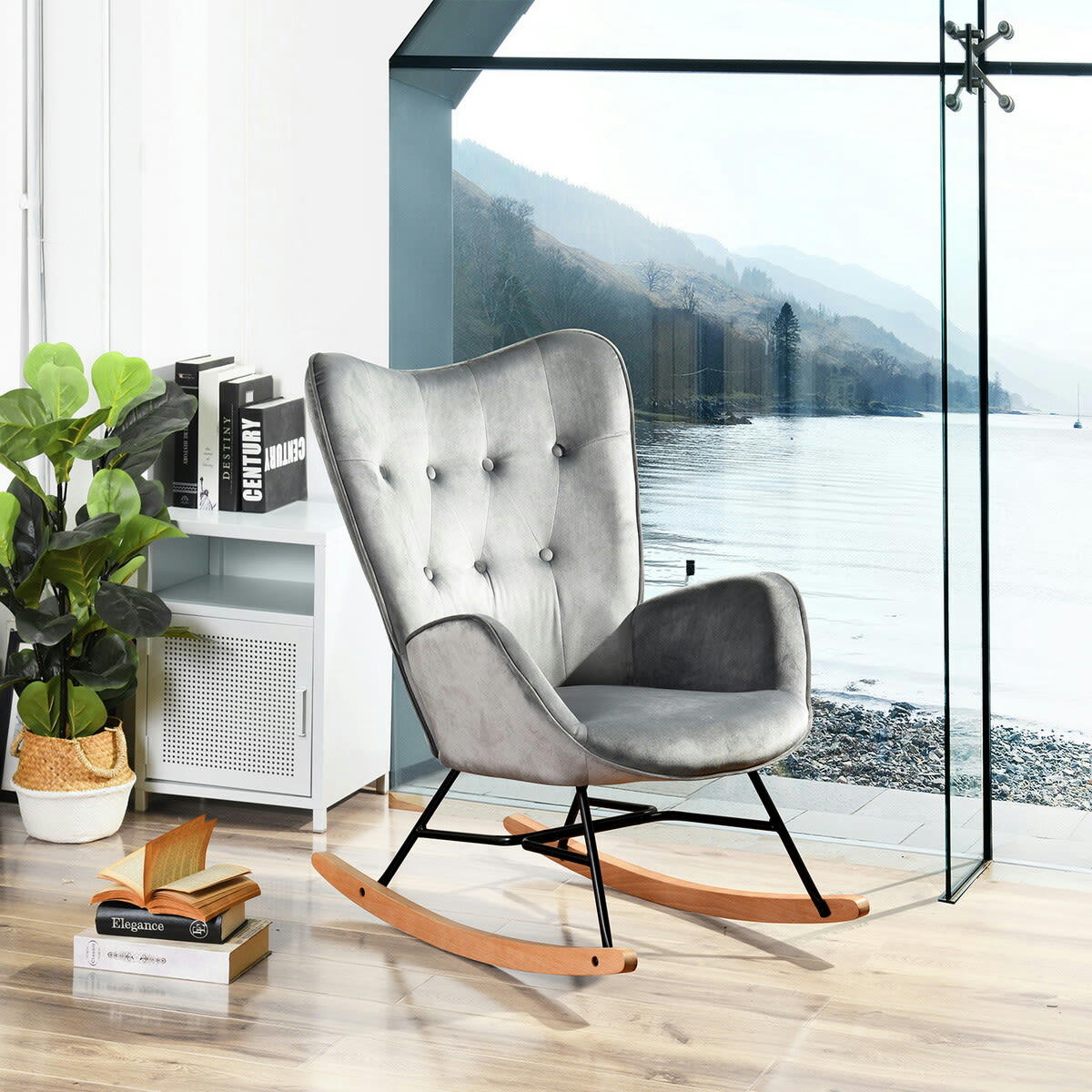 - Fauteuil à bascule Scandinave velours gris Pieds en bois de hêtre