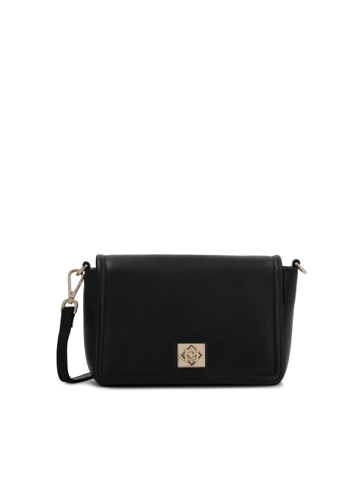Small black leather handbag with flap