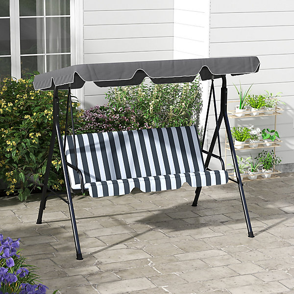 Balancelle de jardin 3 places avec coussin d'assise et toit pare-soleil réglable, charge 240 kg, 172 x 110 x 153 cm, gris et blanc