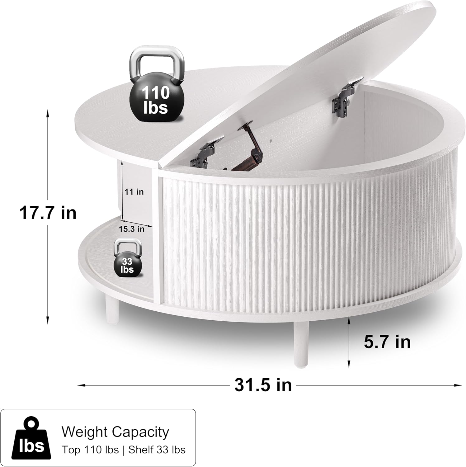 Round Coffee Table, 31.5 Fluted Center Table with Storage, Lift-Top Coffee Table with Adjustable Footpads, Sliding Door, Mid-Century Modern Center Table for Living Room, Small Space (Pure White)