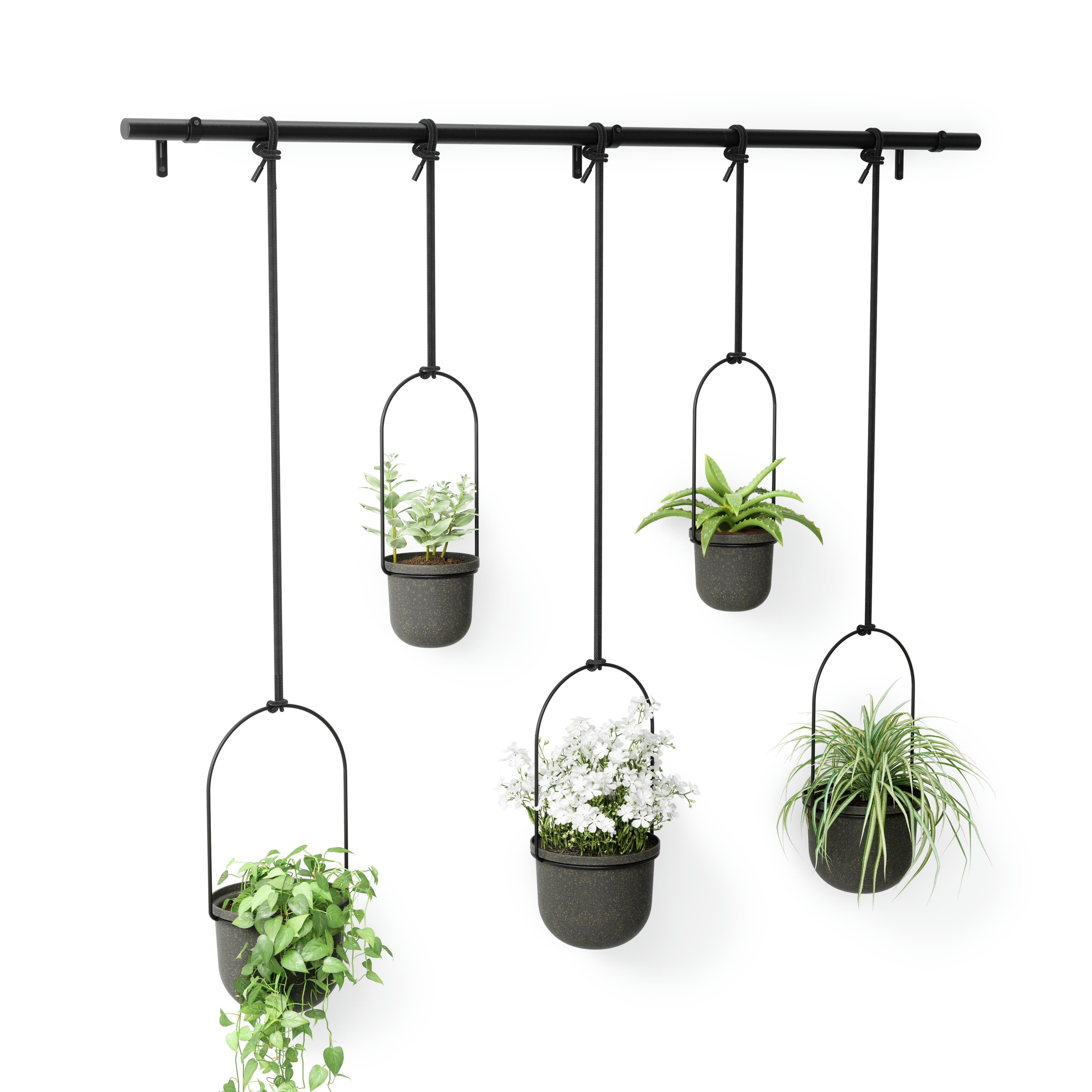 TRIFLORA - Ensemble de 5 pots de fleurs à suspendre en mélamine noir
