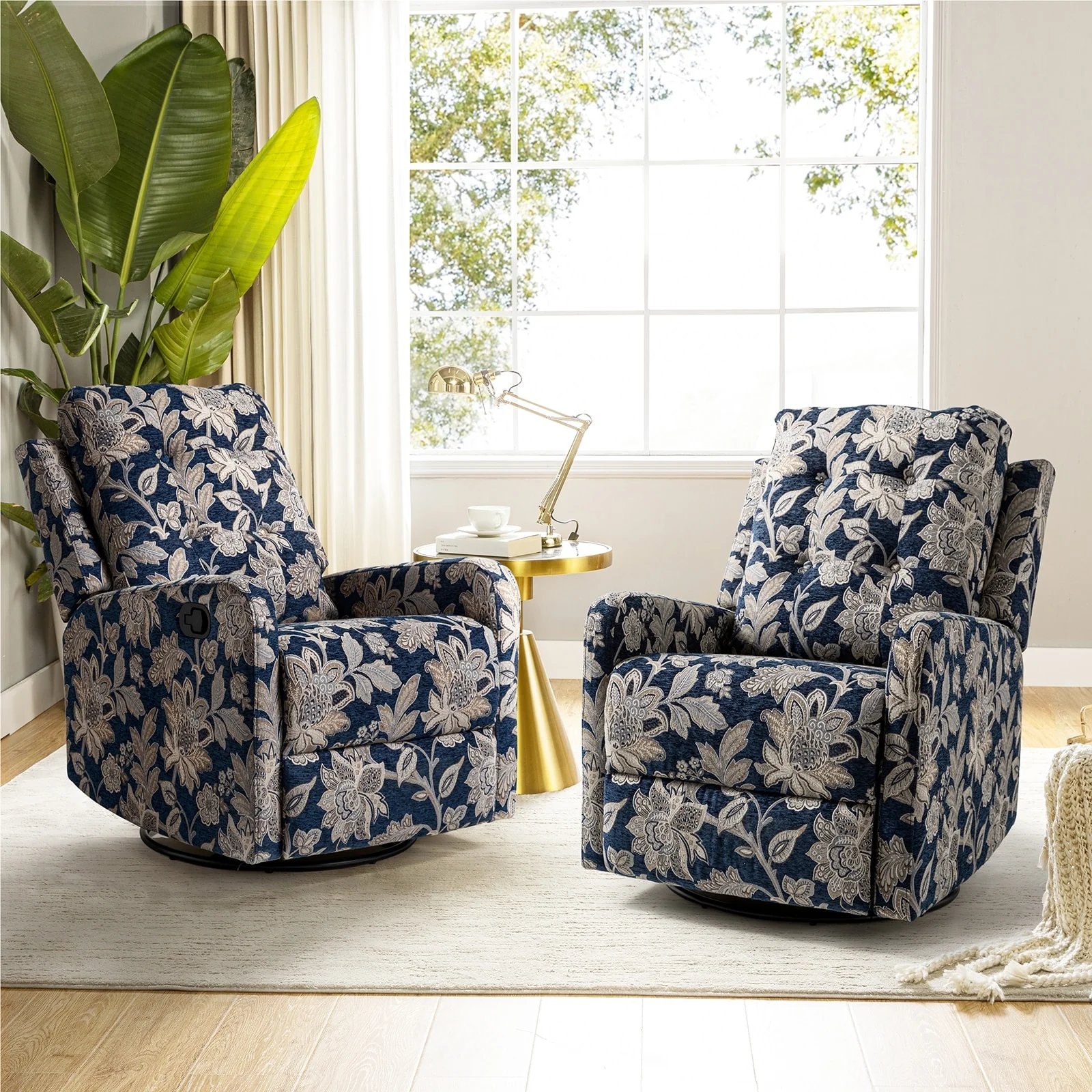 Arlette Floral Manual Swivel Recliner with Tufted Back Set of 2