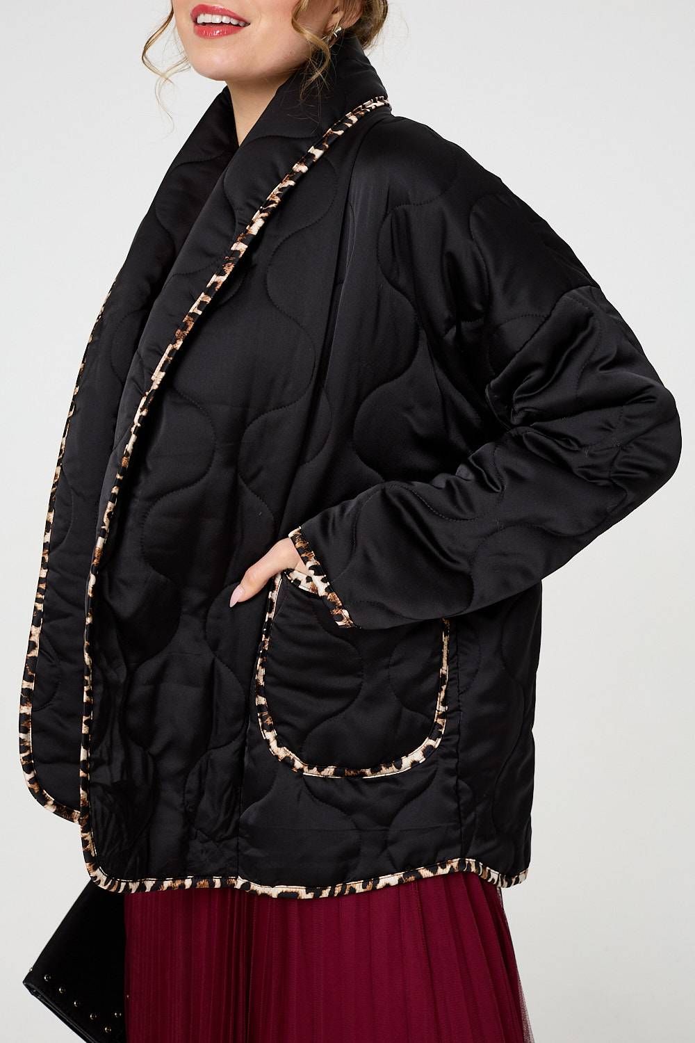 Izabel London Animal Print Trim Open Front Padded Coat