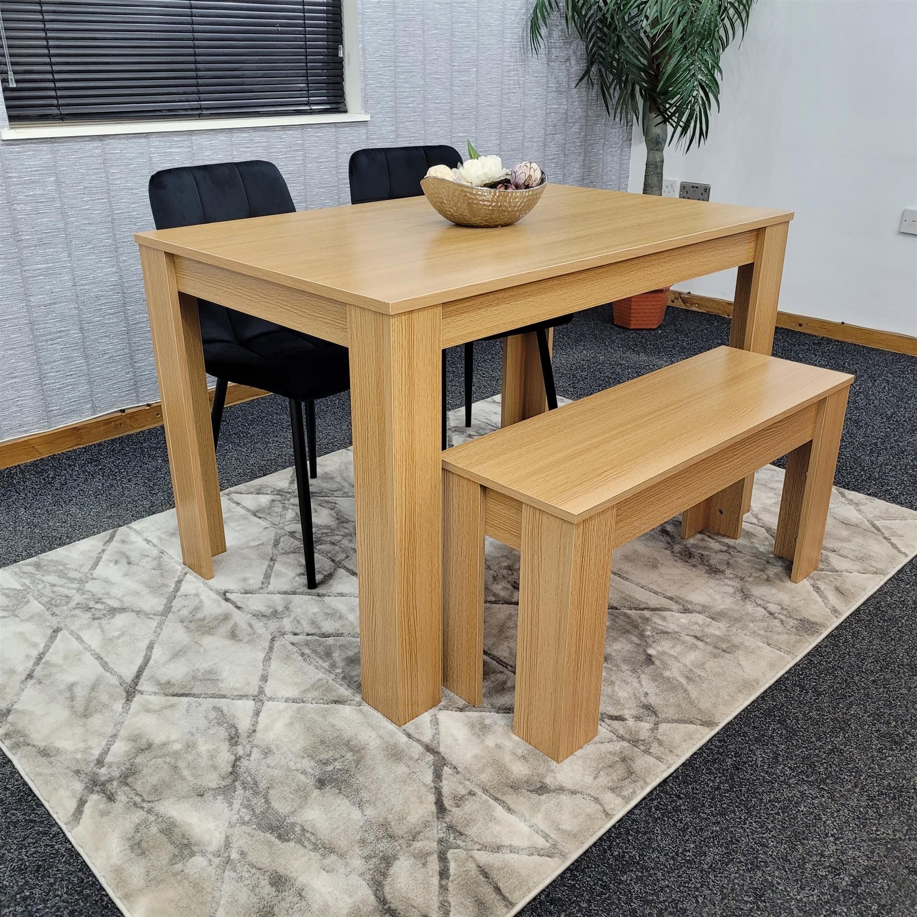 KOSY KOALA 4 Seater Light Wood Dining Table Set 2 Velvet Black Chairs Bench