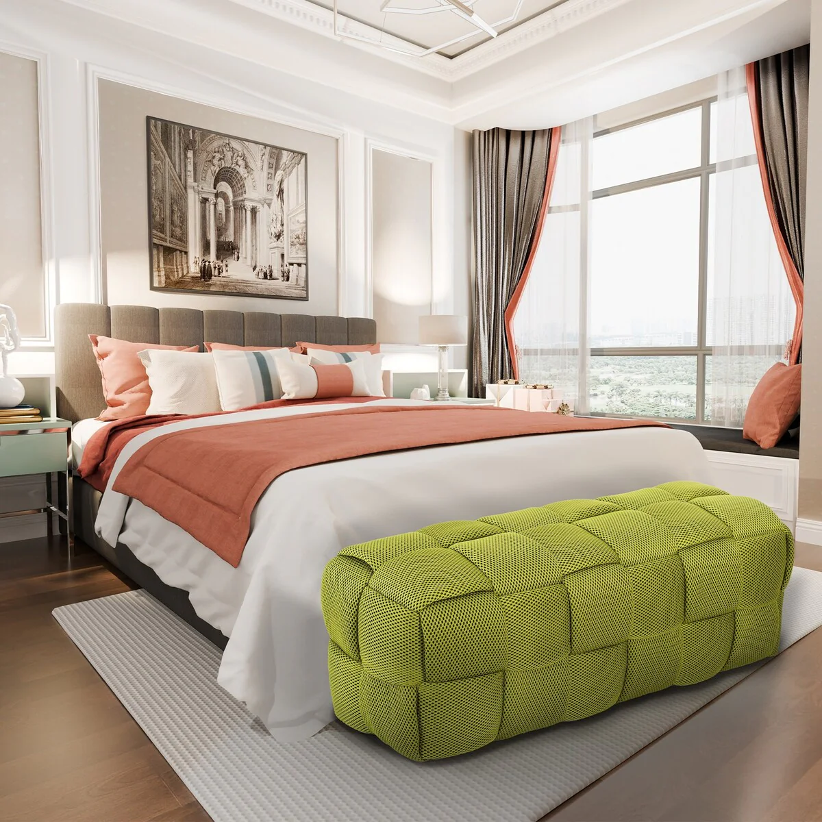 Modern 3D Breathable Fabric Large Ottoman Bench