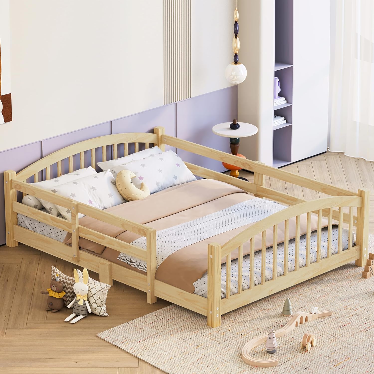 Full Size Montessori Floor Platform Bed with Full-Length Safety Guardrail & Wood Slats Support,Solid Wood Low Platform Bed Frame with Sleep Area and Playground for Kids Boys Girls,Without Door,Natural