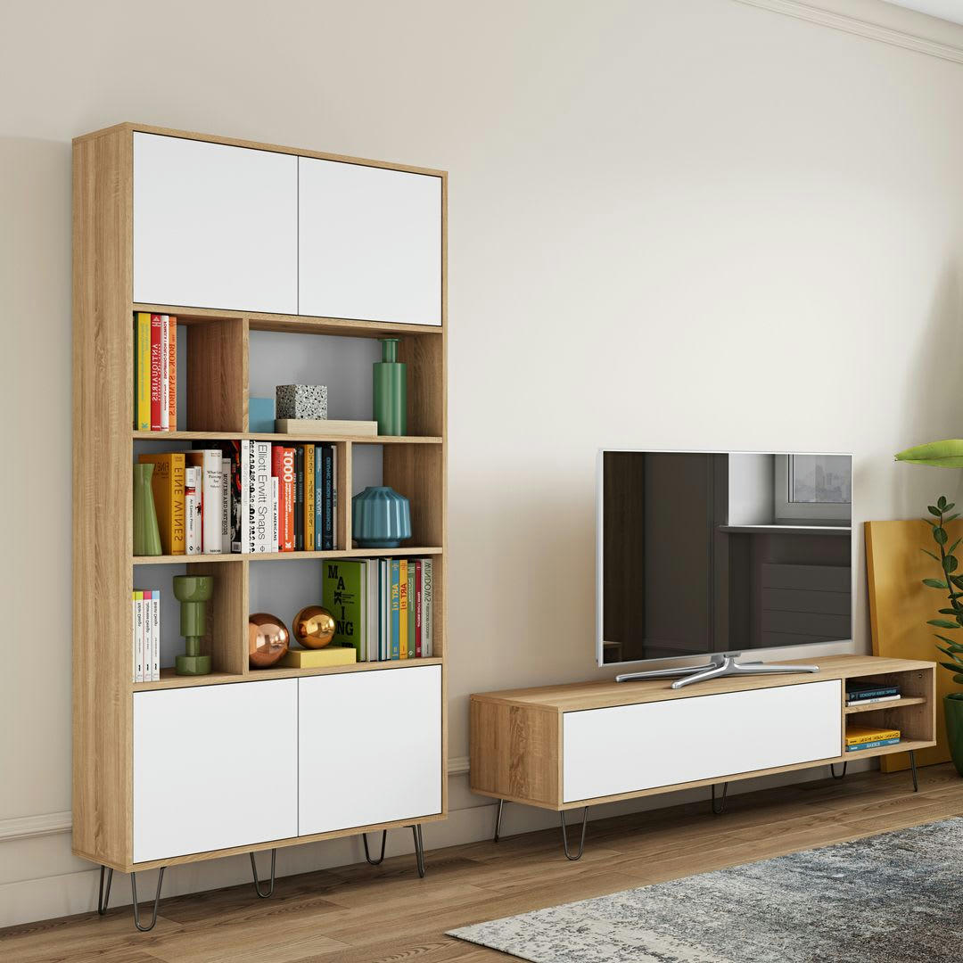 AERO - Meuble TV effet bois chêne naturel et blanc