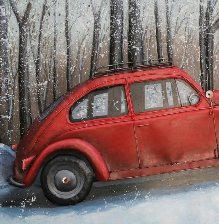 MÉTAL BRASS - Tableau relief en métal coccinelle à la neige 120x80