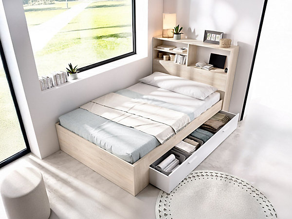Lit 120 x 190 cm avec rangements - Coloris : Naturel et blanc - VARDIEL