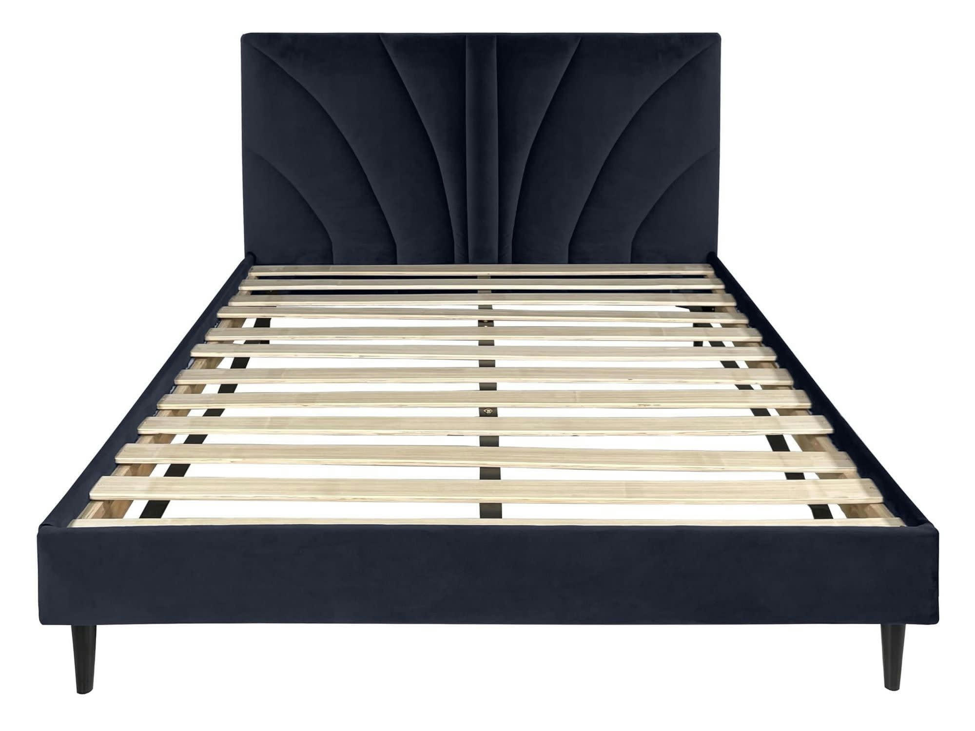 BENJI - Lit avec matelas 2 places  en velours bleu nuit 160x200