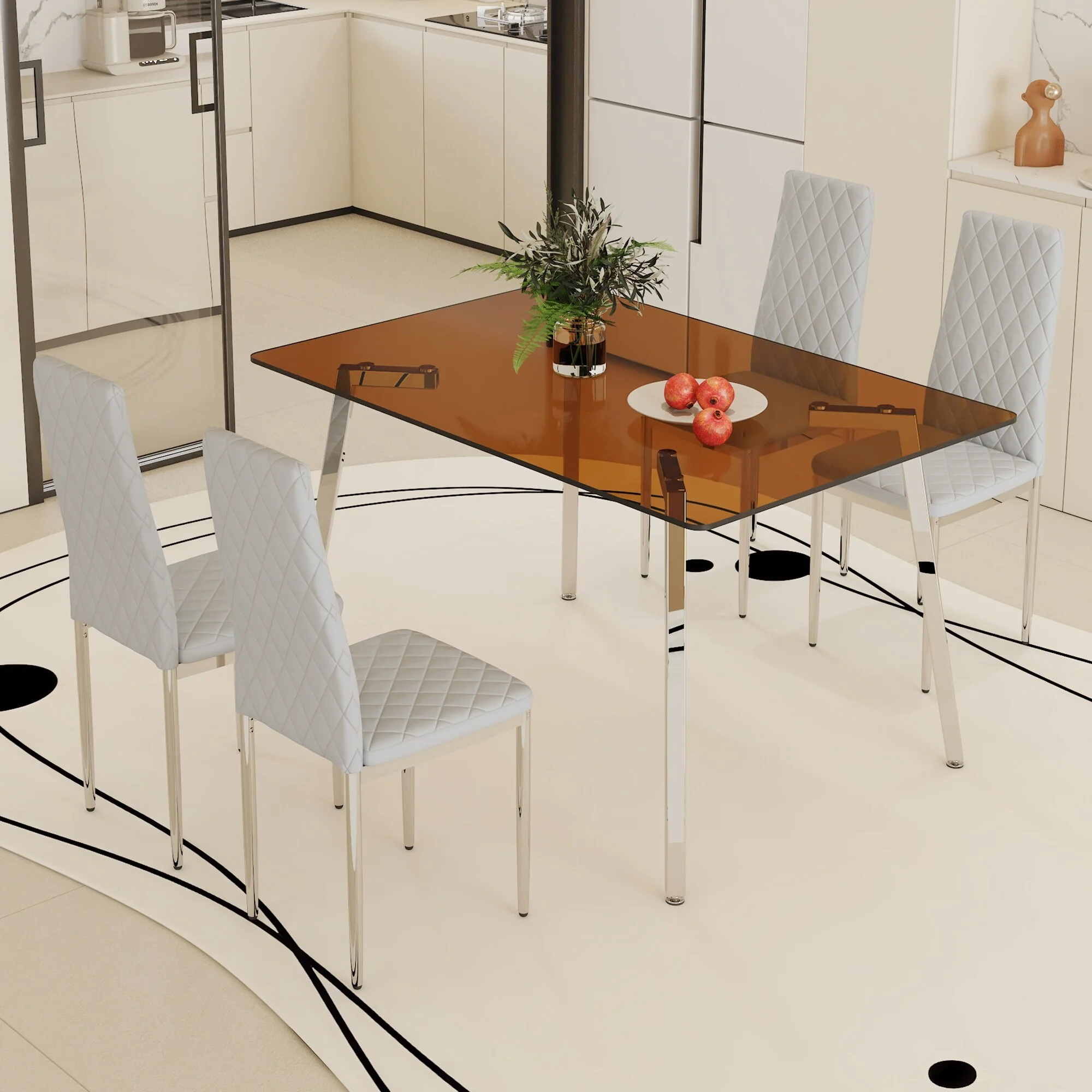 Modern Style Dining Set with Rectangular Glass Table an Checkered Armless High Back PU Dining Chairs