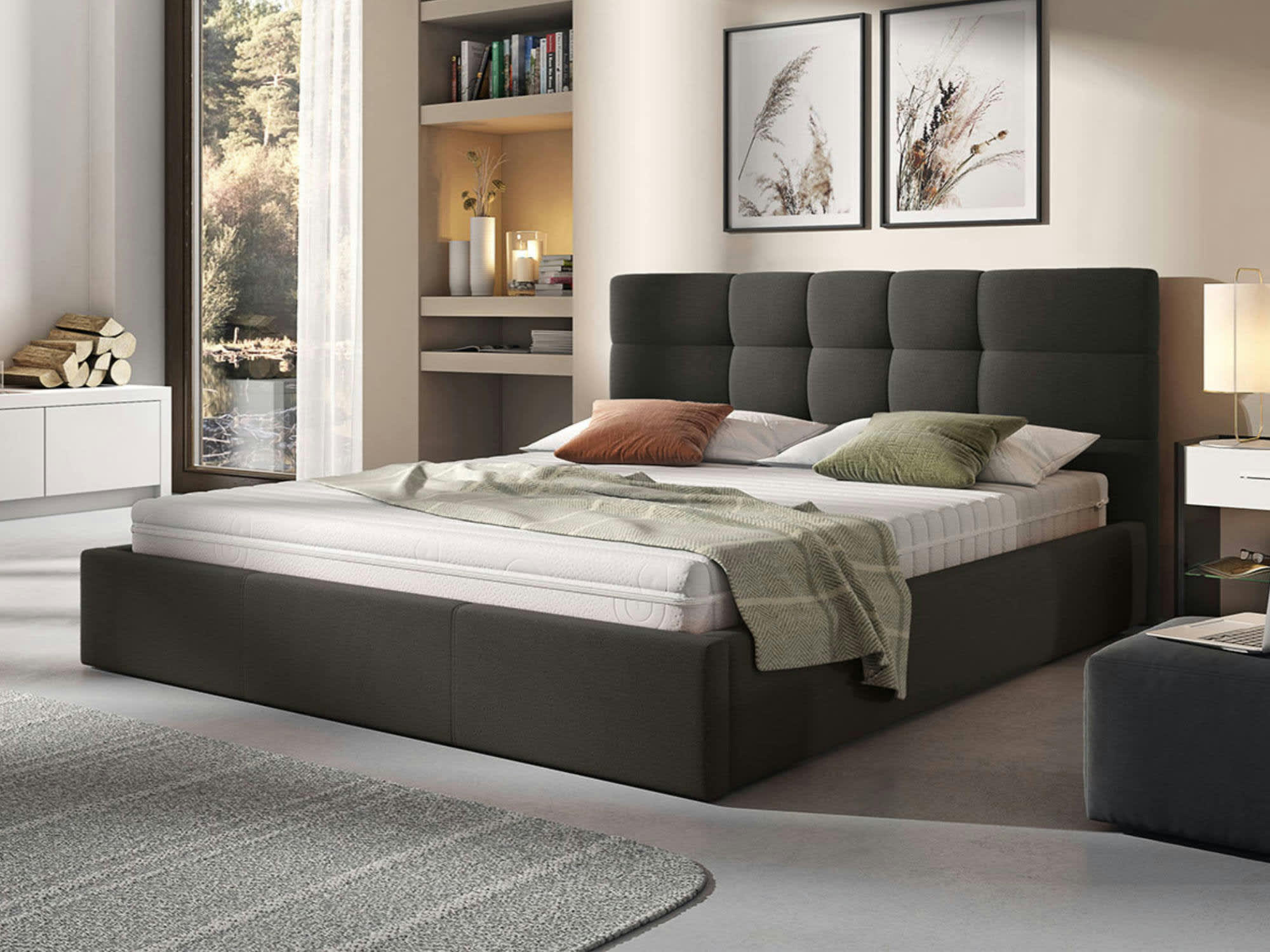 MAEL - Lit coffre en Tissu 180x200 gris anthracite