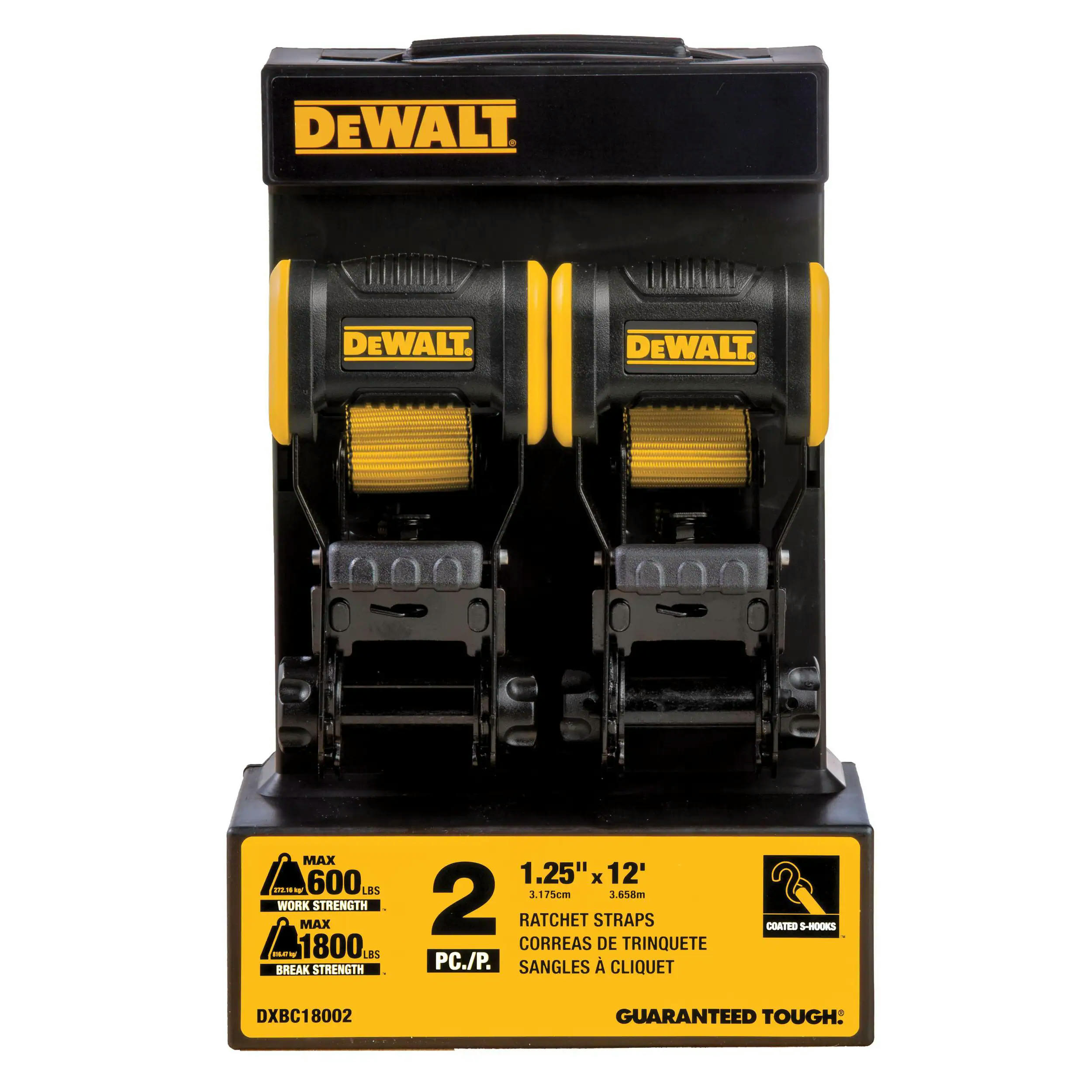 DEWALT DXBC18002 1,800-lb Ratchet Tie-Down Straps with Ergonomic Handles, 1.25-in x 12-ft, 2-pk