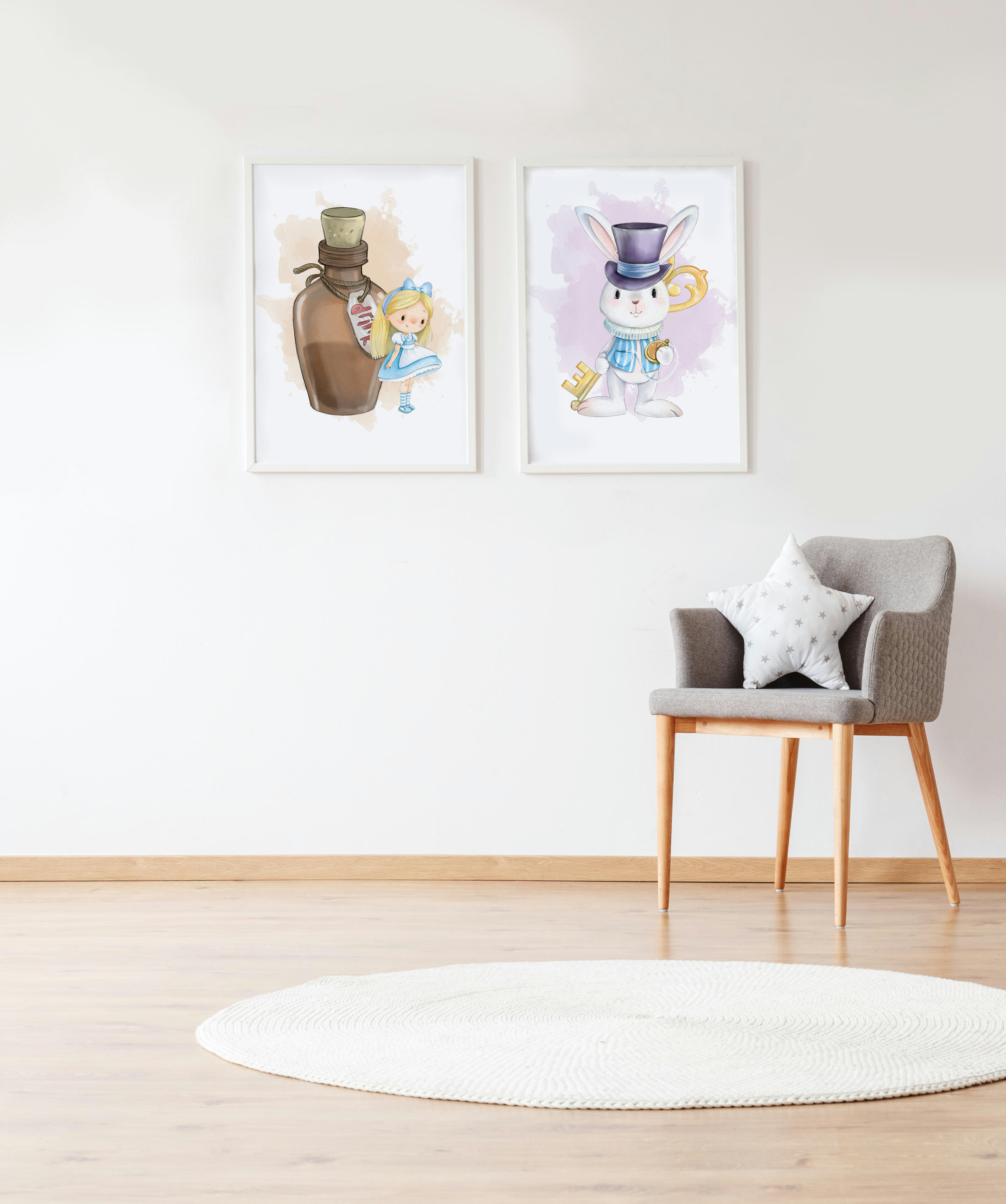 DECOWALL - Pack encadré bois blanc impression le potion de lapin Alice 43X33 cm