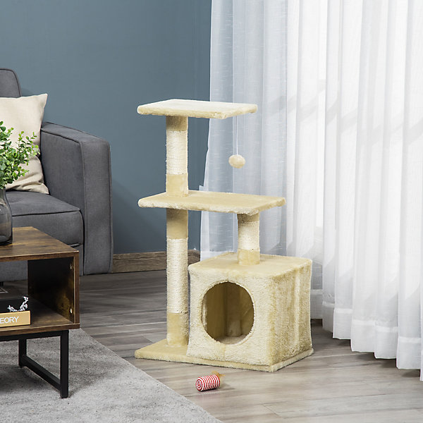 Arbre à chat H.81cm niche 3 griffoirs 2 plateformes jeu boule suspendue beige